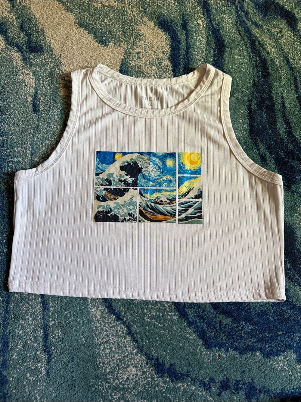 SHEIN White Ribbed Crop Tank with Van Gogh Starry Night X the Wave Art